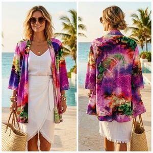 Soft Works XL Eclectic Abstract Watercolor Resortwear Boho Silky Knit Cardigan